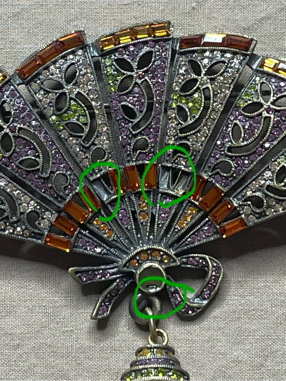Heidi Daus Vintage Fan Brooch Crystals Pin Green Purple Rust Pave Broach FLAWs